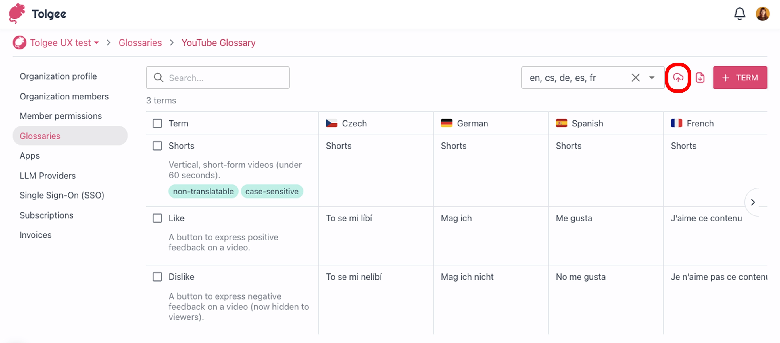 Import a glossary from a CSV file